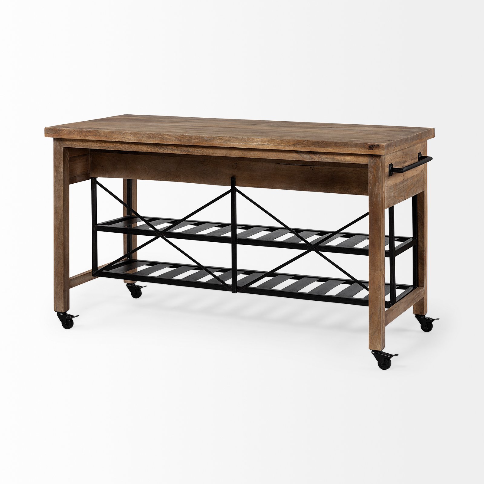 Stuart I Brown Solid Wood Top Two-Tier Black Metal Rolling Kitchen Island - Image 5