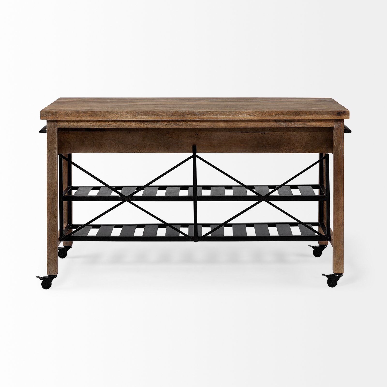 Stuart I Brown Solid Wood Top Two-Tier Black Metal Rolling Kitchen Island - Image 4