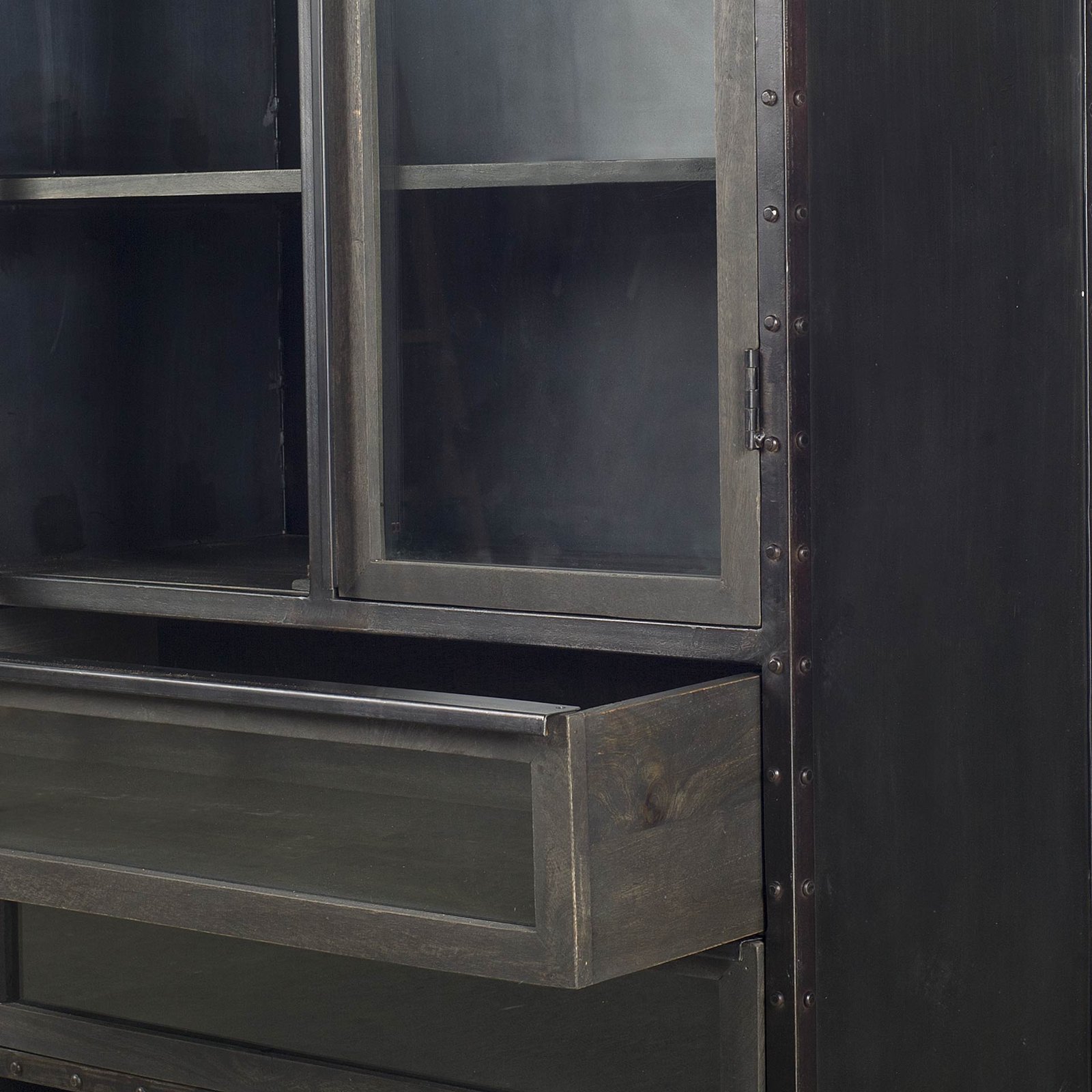 Gehry 72.3" H Dark Brown Metal Brown Wood and Glass Door Display Cabinet - Image 3