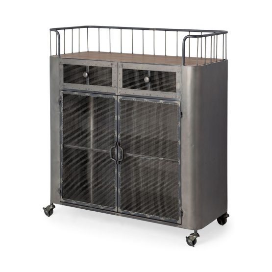Udo Metal Frame Two Door Cabinet w/Two Drawers & Wood Top Bar Cart