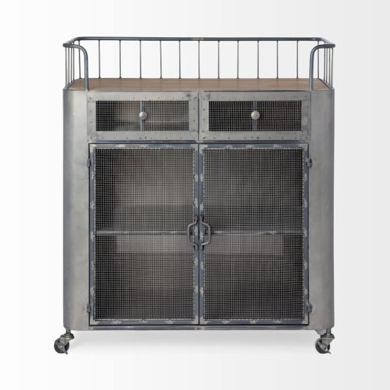 Udo Metal Frame Two Door Cabinet w/Two Drawers & Wood Top Bar Cart - Image 2