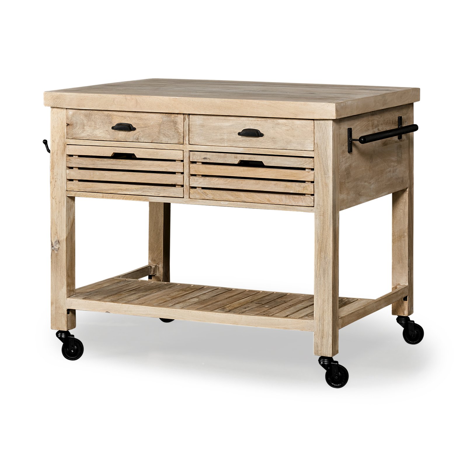 Columbia II Light Brown Base with Black Iron Knobs Rolling Kitchen Island