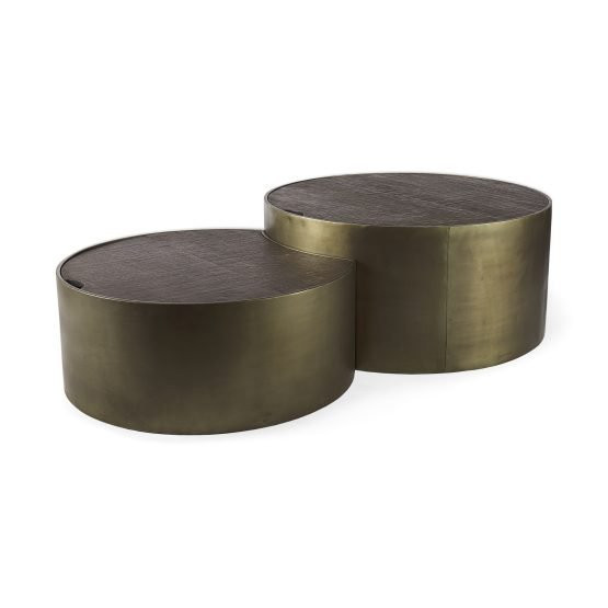 Eclipse Set of 2 36" & 32" Round Brown Solid Wood Top Gold Metal Base Nesting Coffee Tables