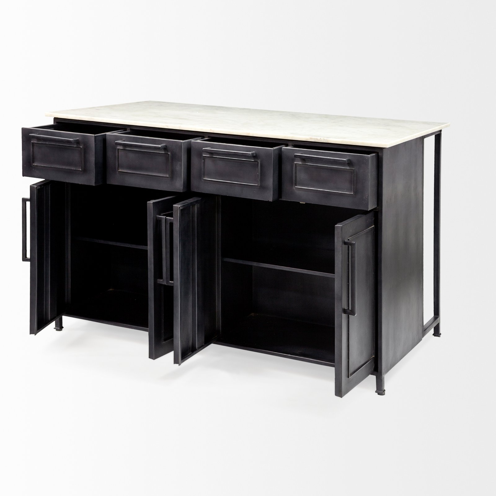 Fieri Solid Iron Black Body White Marble Top Four Drawer Kitchen Island - Image 5