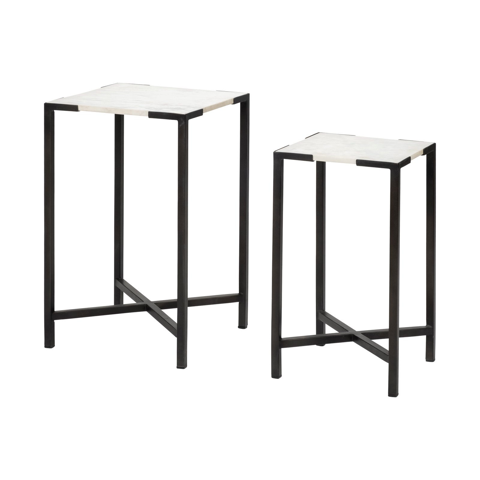 Lucas III (Set of 2) 15L x 15W; 12L x 12W White Marble W/Black Iron Frame Accent Tables