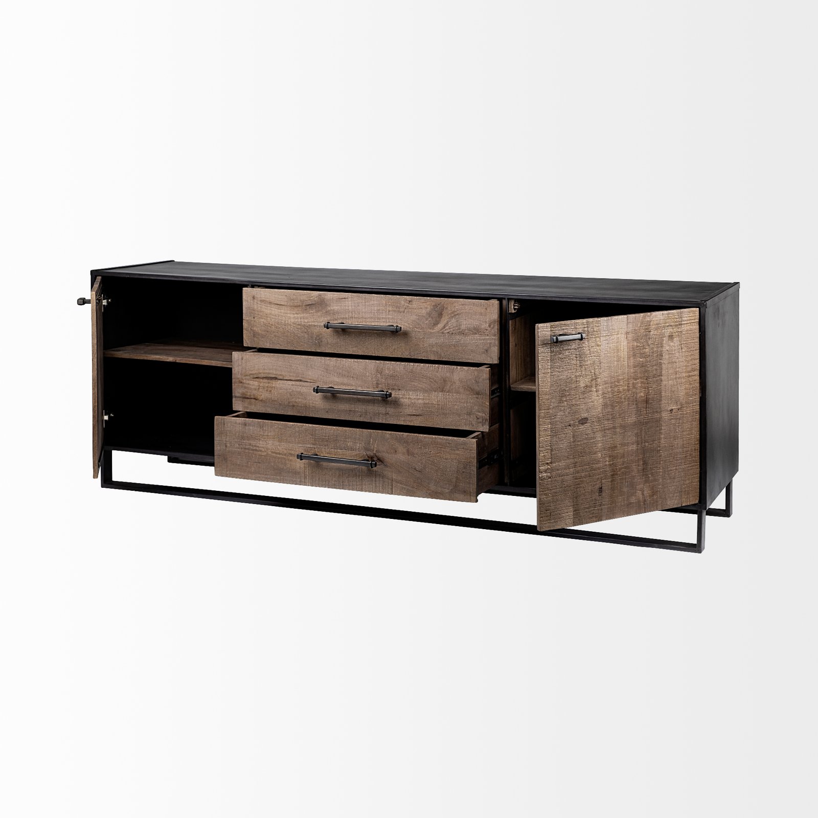 Alvin 82x20 Brown Solid Wood With Black Metal Frame 3 Drawer 2 Cabinet Door Sideboard - Image 5