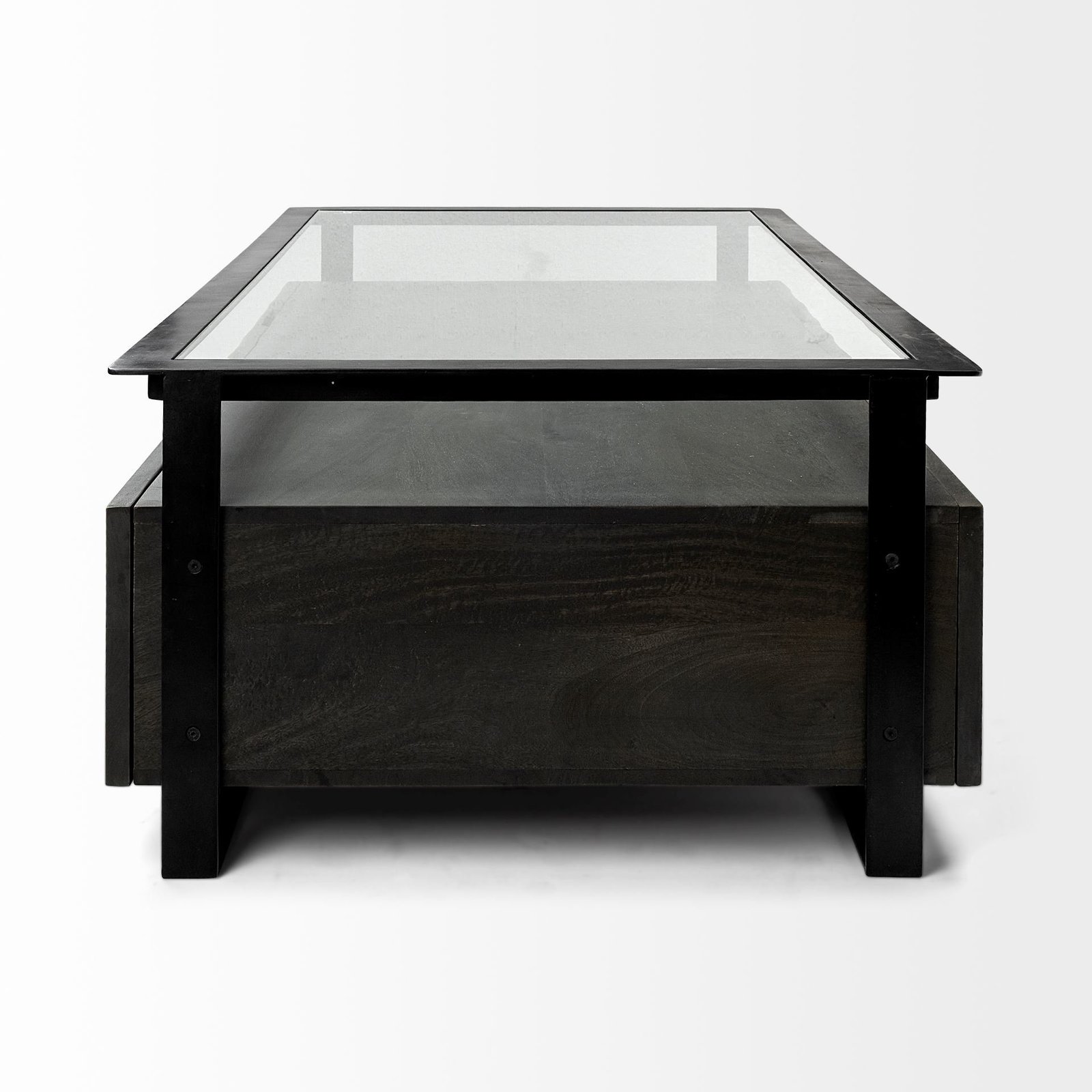 Vidro 54x30 Rectangular Glass Top Black Solid Wood Drawers & Black Frame Coffee Table - Image 3
