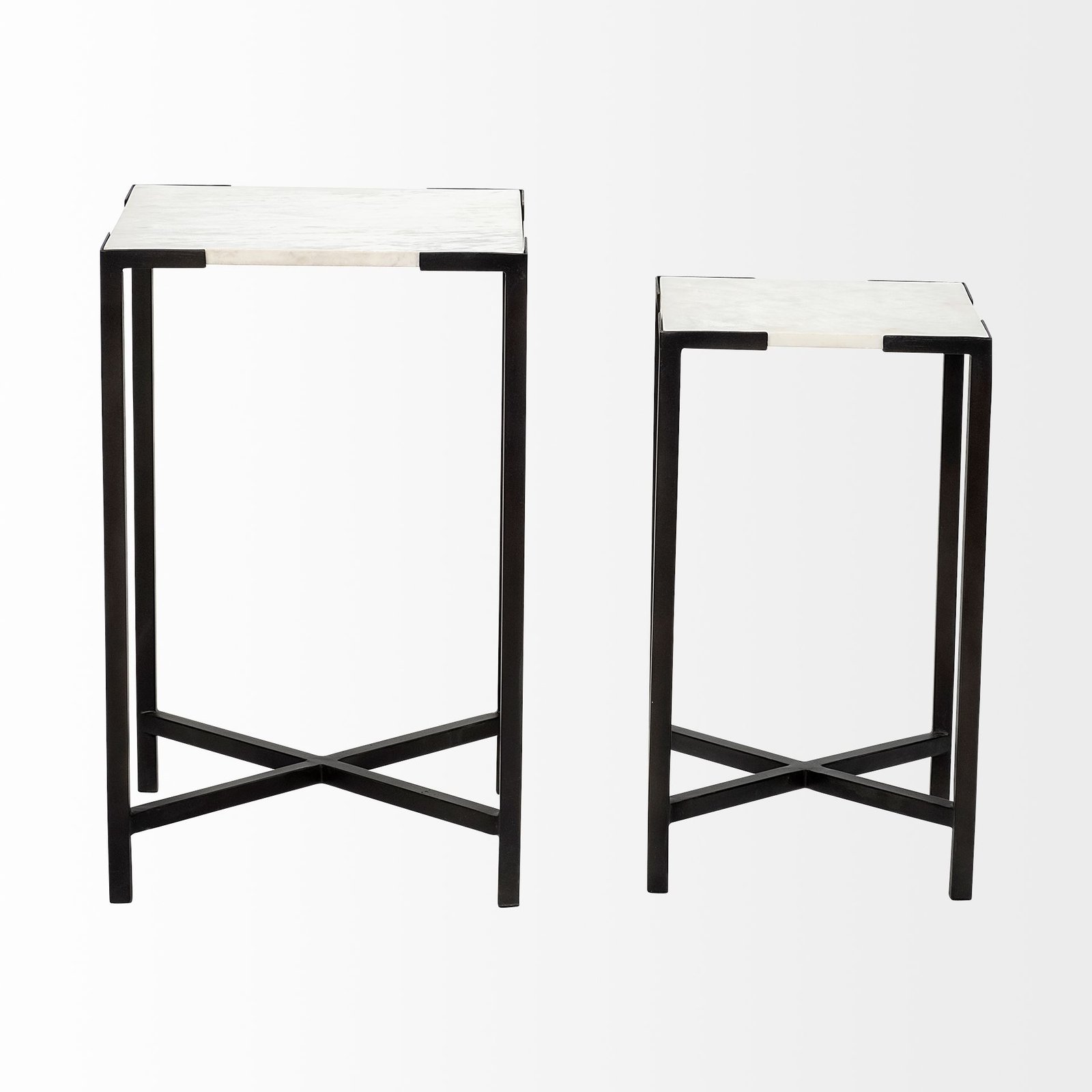 Lucas III (Set of 2) 15L x 15W; 12L x 12W White Marble W/Black Iron Frame Accent Tables - Image 2