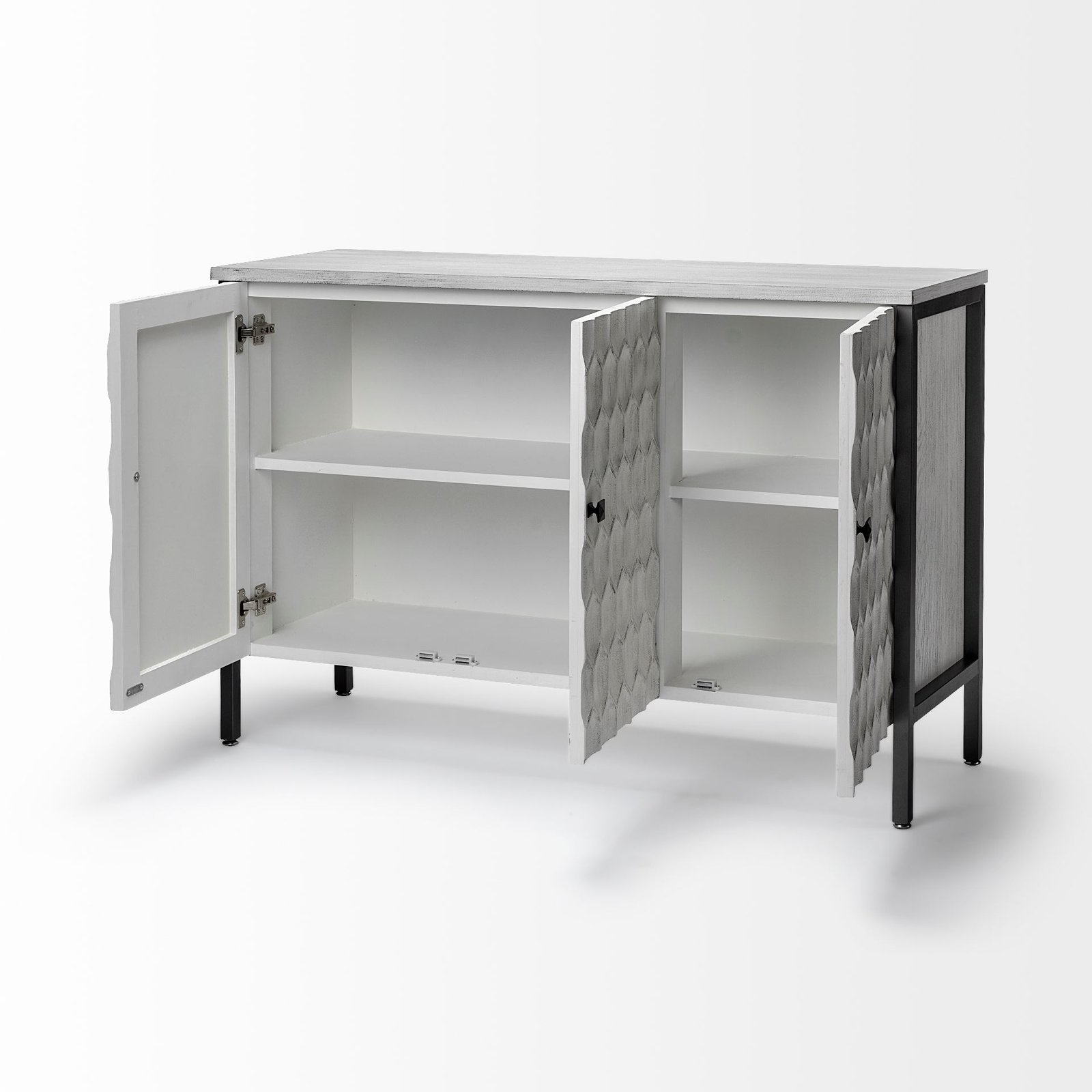 Savannah White Fir Veneer & Gray Metal 3-Door Accent Cabinet - Image 5