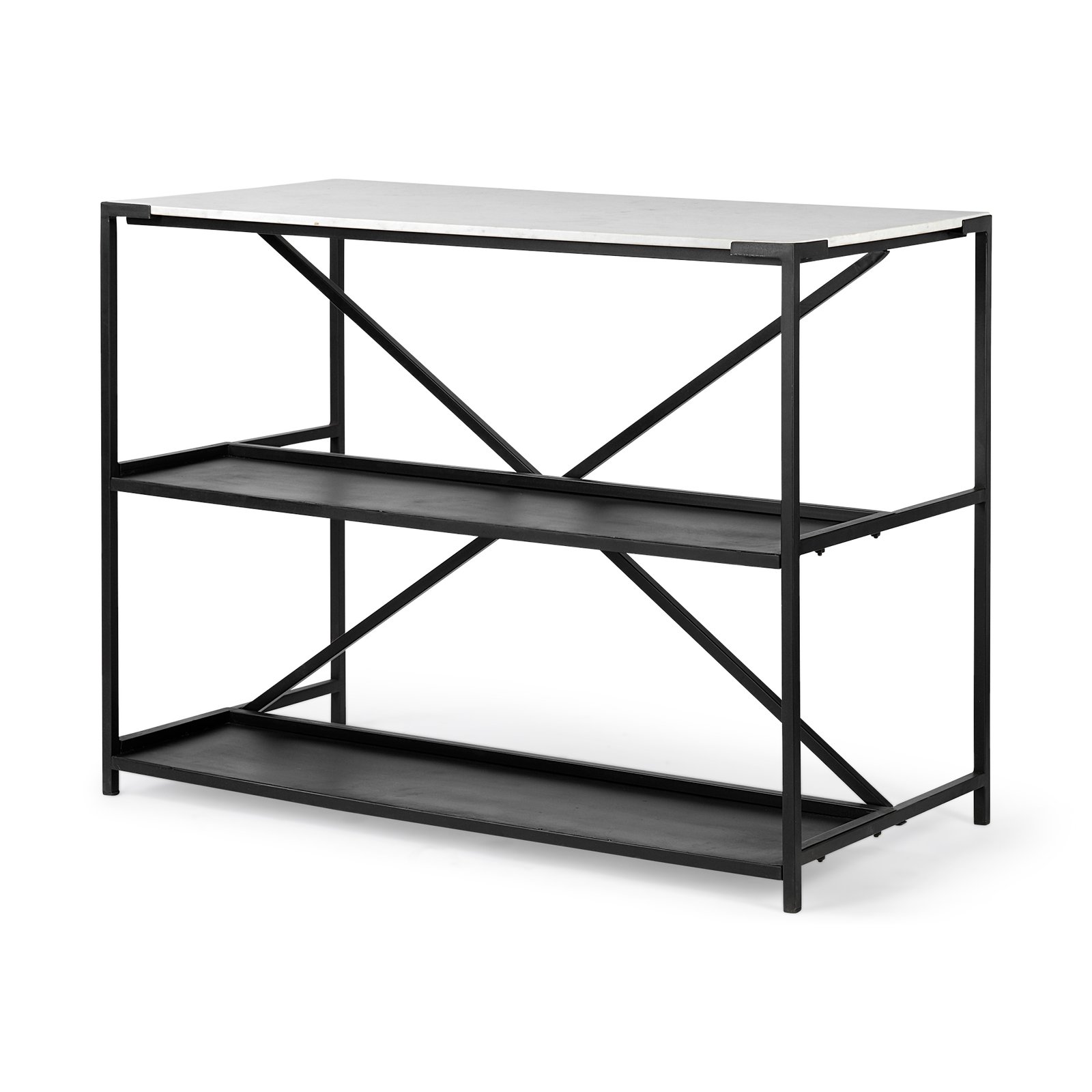 Lucas IV 48X24X36 Black Two-Tier Iron Body White Marble Top Kitchen Island