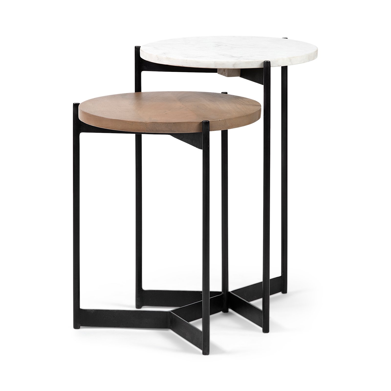 Larkin Marble and Medium Brown Wood Round Tabletop Nesting End/Side Tables