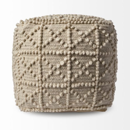 Leroy Square Cream Wool Pouf w/ Popcorn Detail - Image 2