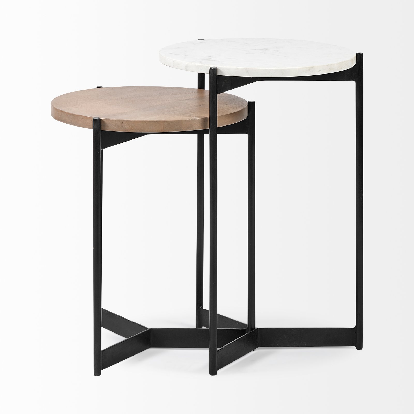 Larkin Marble and Medium Brown Wood Round Tabletop Nesting End/Side Tables - Image 3