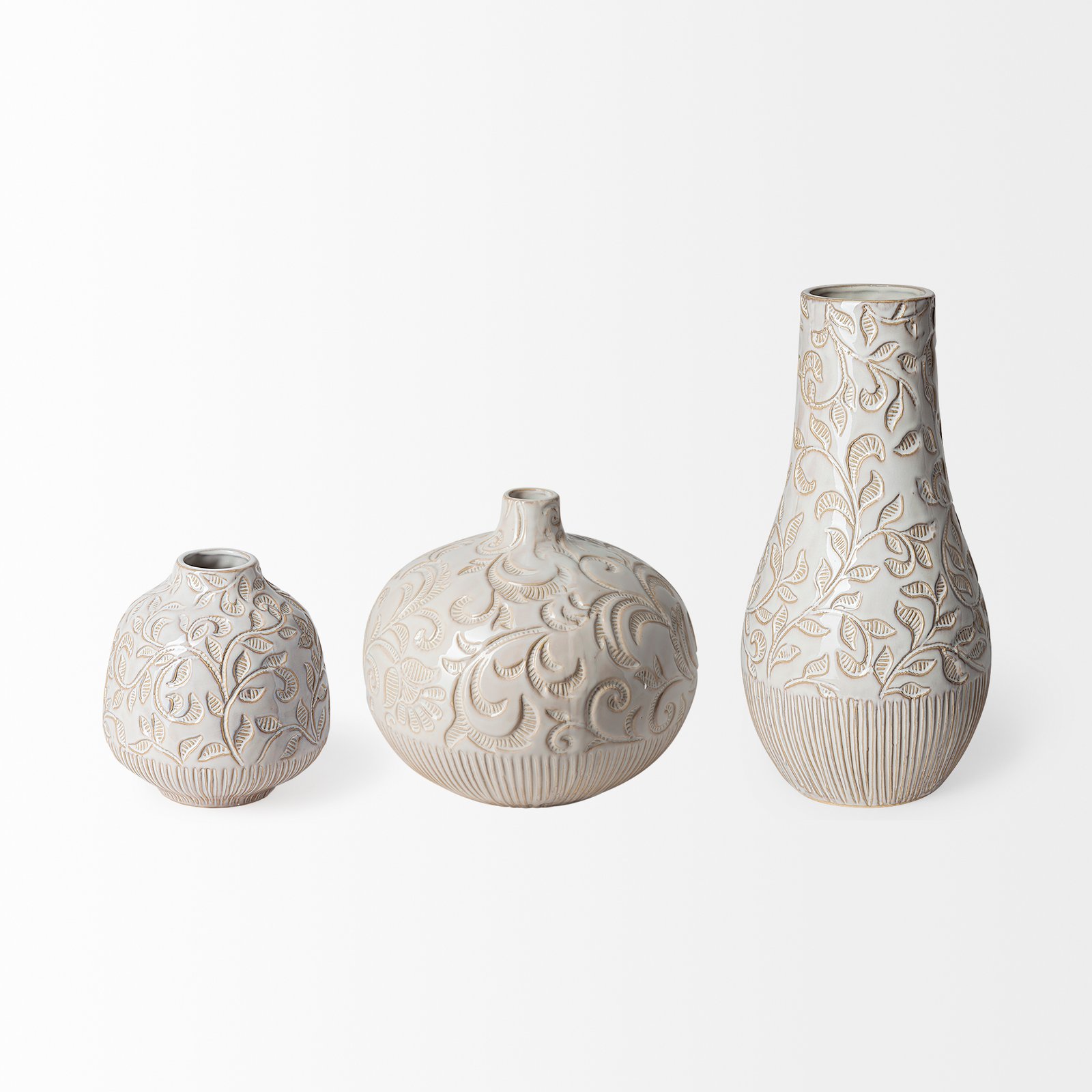 Jadiza III Large White Glaze Floral Patterned Ceramic Vase - Image 2