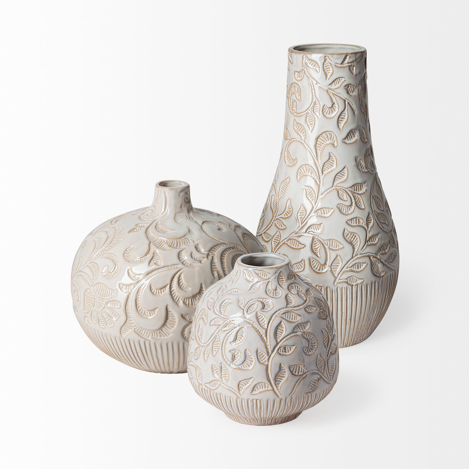 Jadiza III Large White Glaze Floral Patterned Ceramic Vase - Image 3