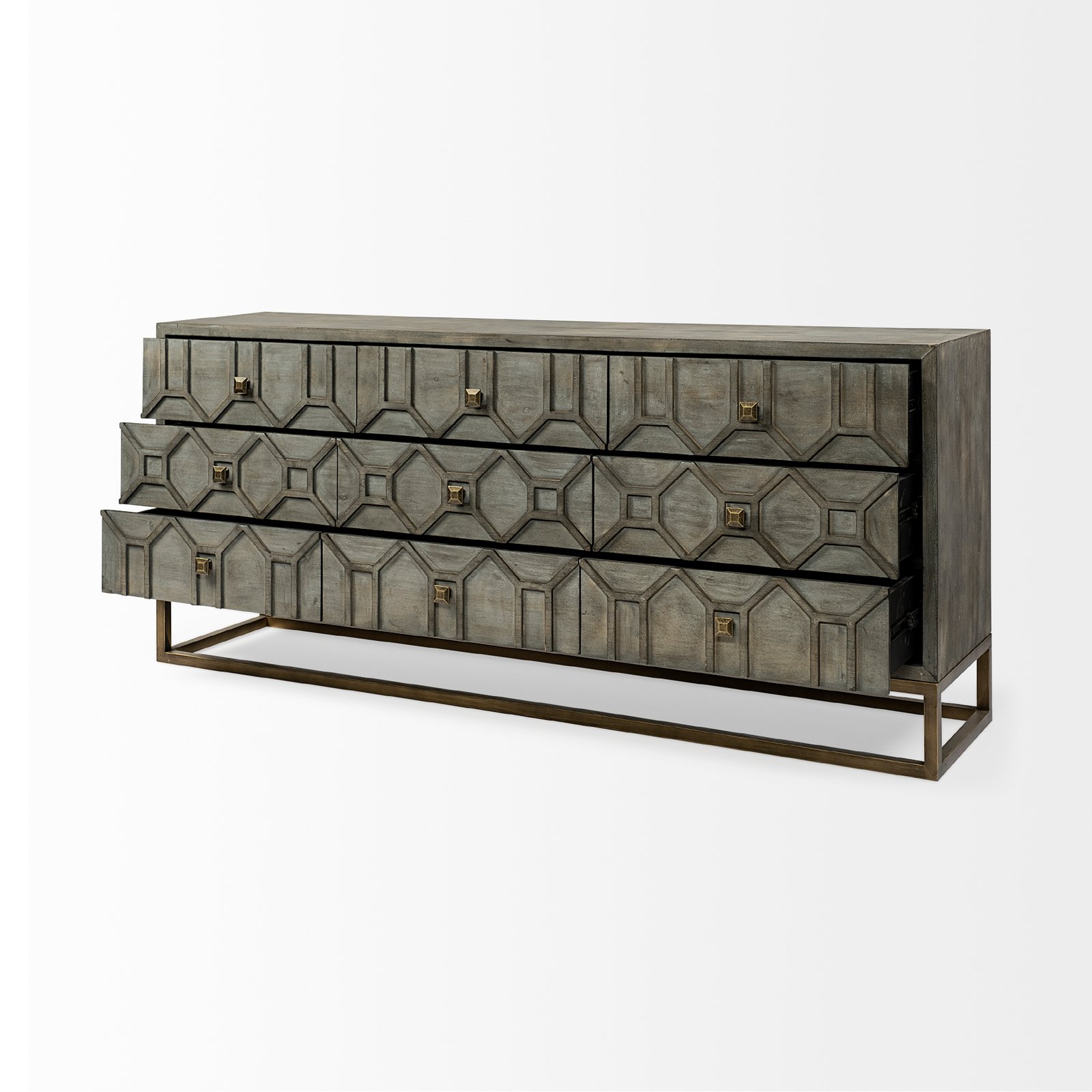 Genevieve II 70x15.8 Gray Fir Veneer W/Gold Metal Frame Base 9 Drawer Sideboard - Image 5