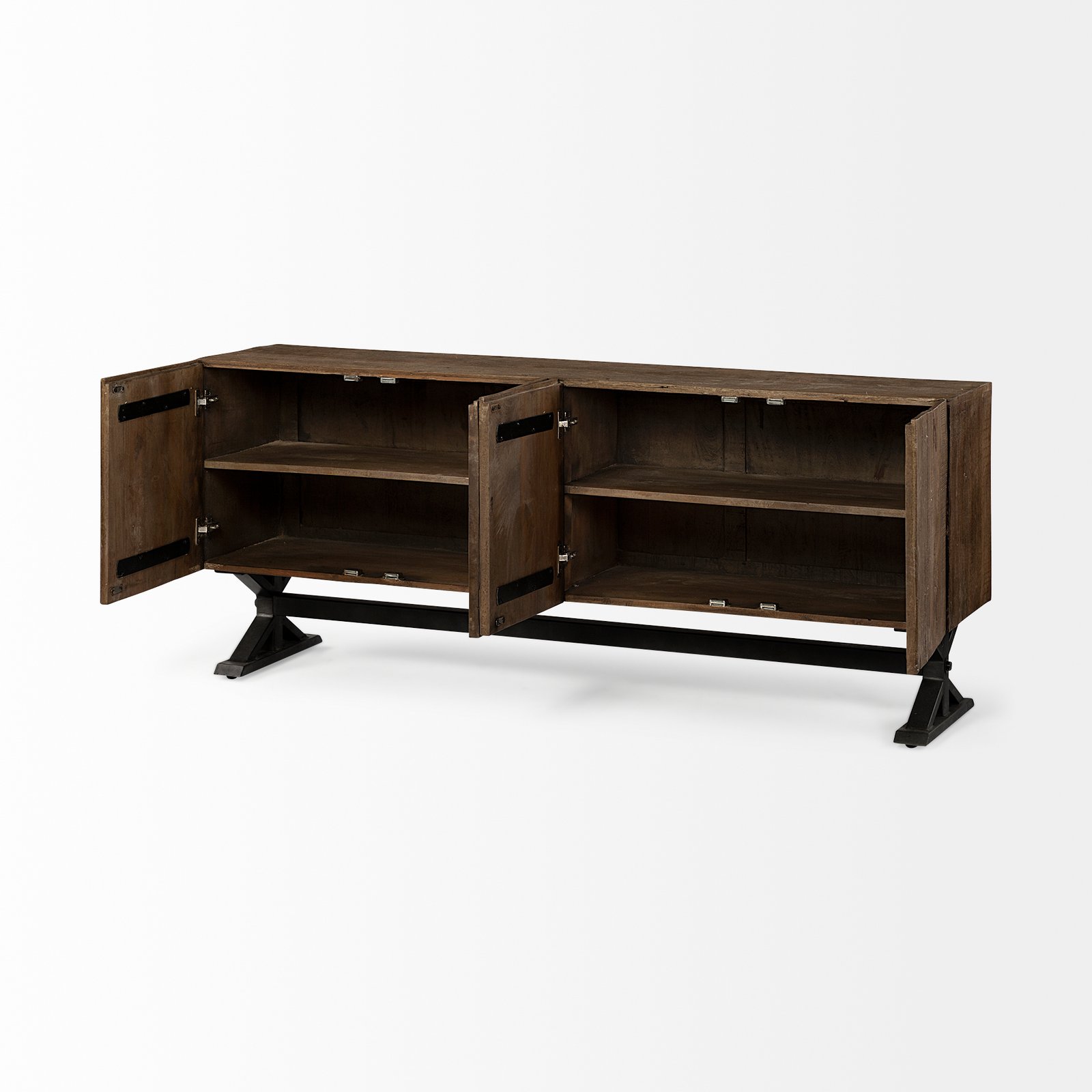 Hollingworth 72x18 Brown Solid Wood Frame Nickel Metal Base 4 Cabinet Door Sideboard - Image 5
