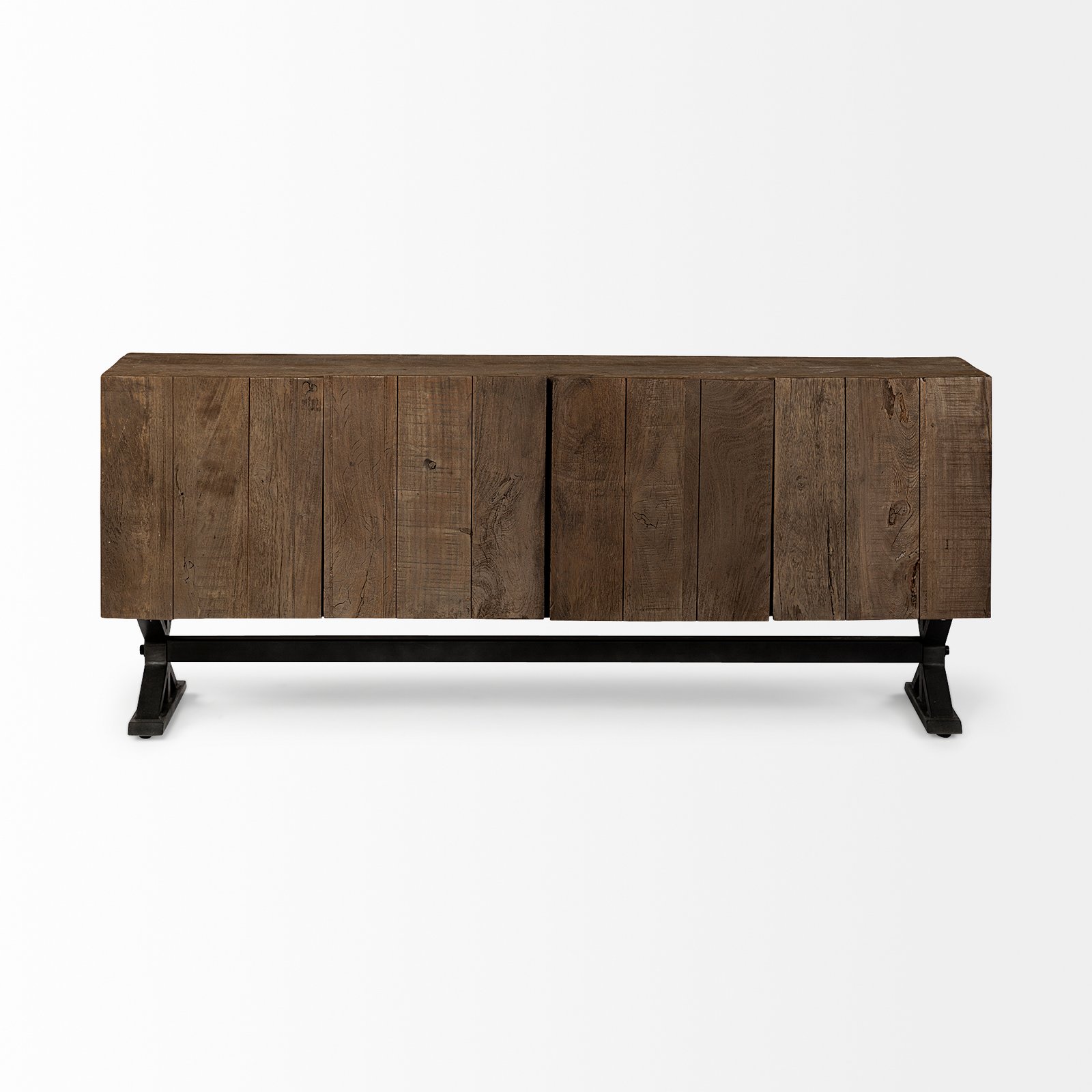 Hollingworth 72x18 Brown Solid Wood Frame Nickel Metal Base 4 Cabinet Door Sideboard - Image 2