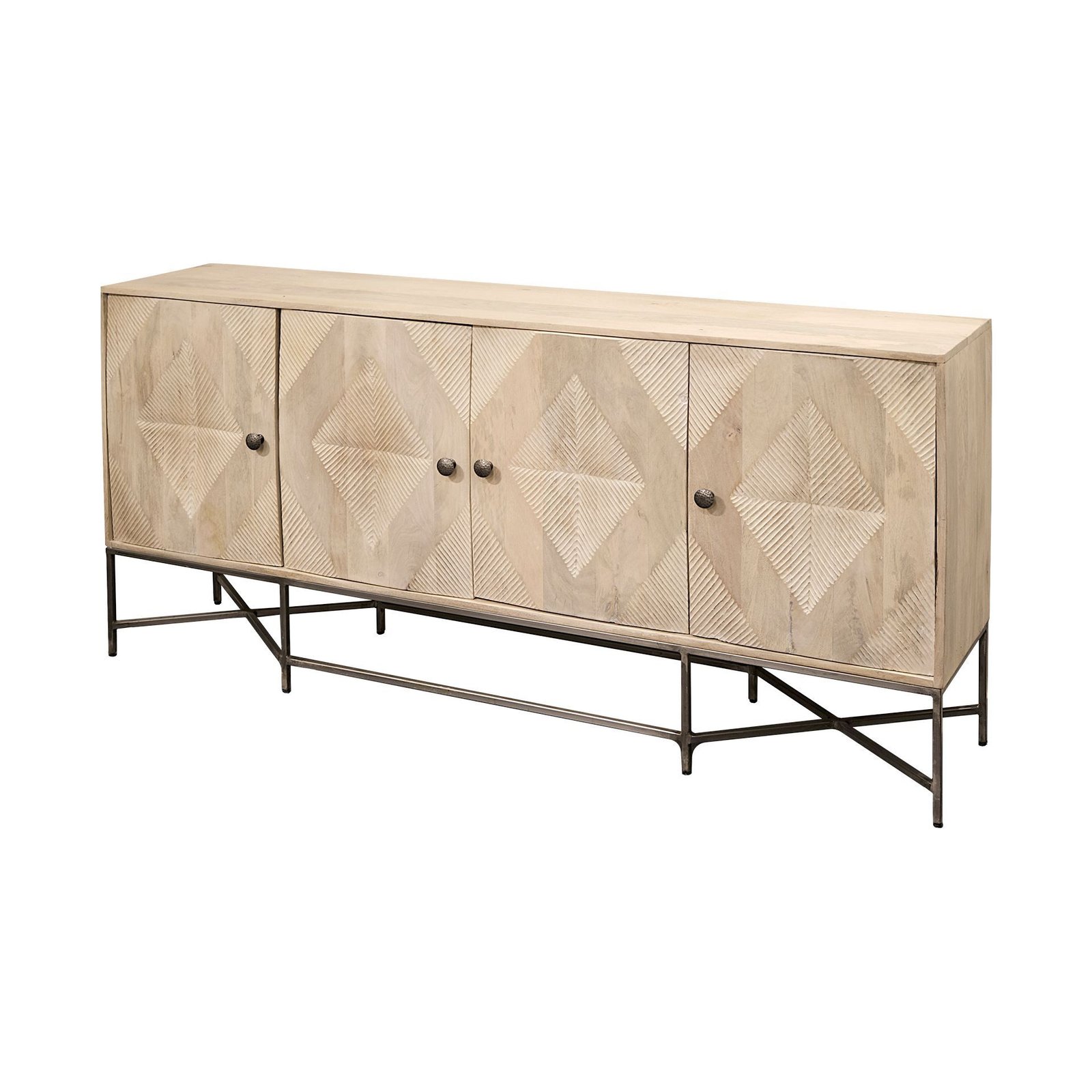 Hogarth III 72L x 15W x 34H Brown Solid Wood Frame Gold Metal Base 4 Cabinet Door Sideboard