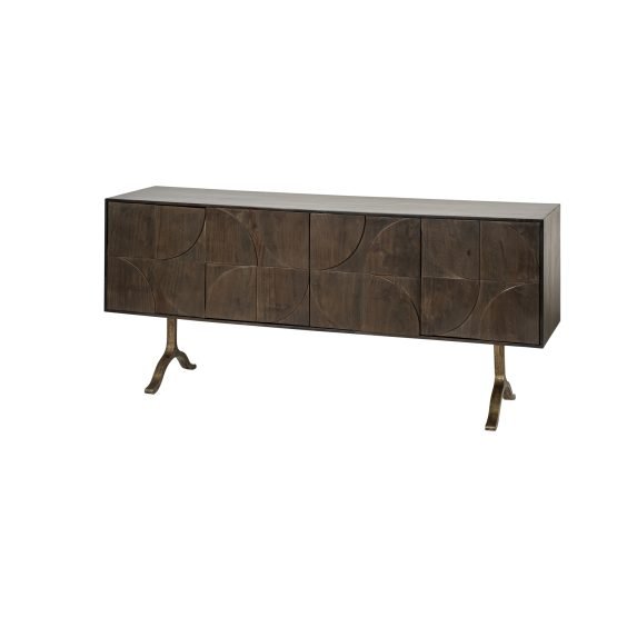 Xanti 70x18 Brown Solid Wood Frame Gold Metal Legs 4 Door Cabinet Sideboard