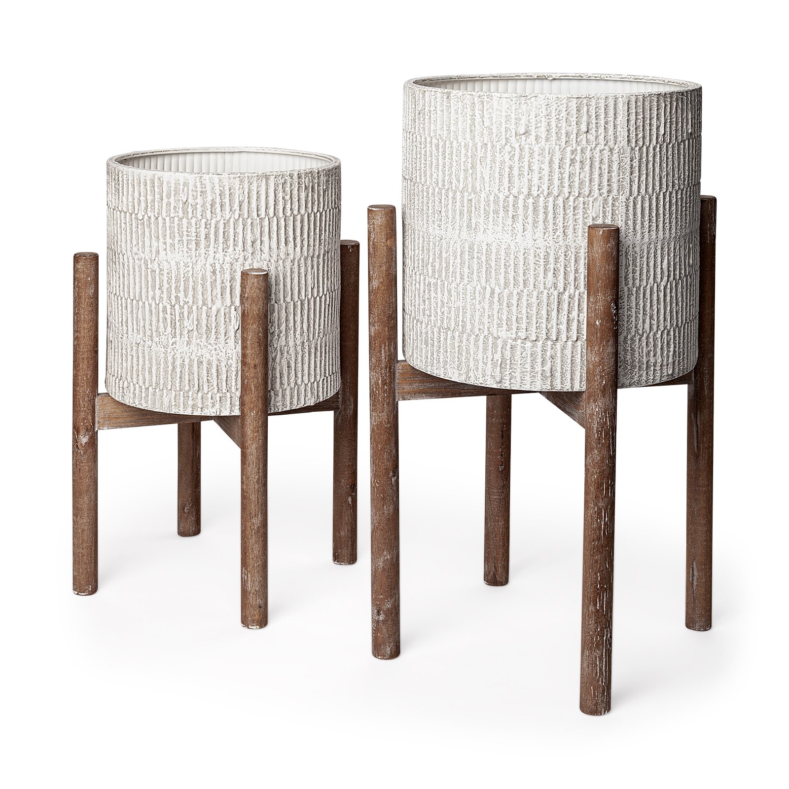 Groot Set of Two 11.8 x 23 Eggshell Ceramic Wooden Base Plant Stands