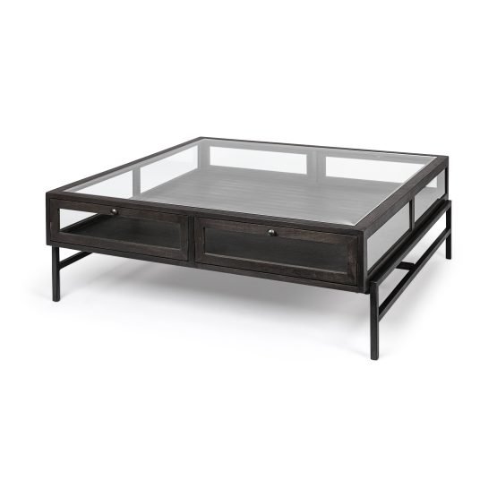 Arelius 42" Square Glass-Top Black-Brown Wood w/ Black Metal Base Display Coffee Table