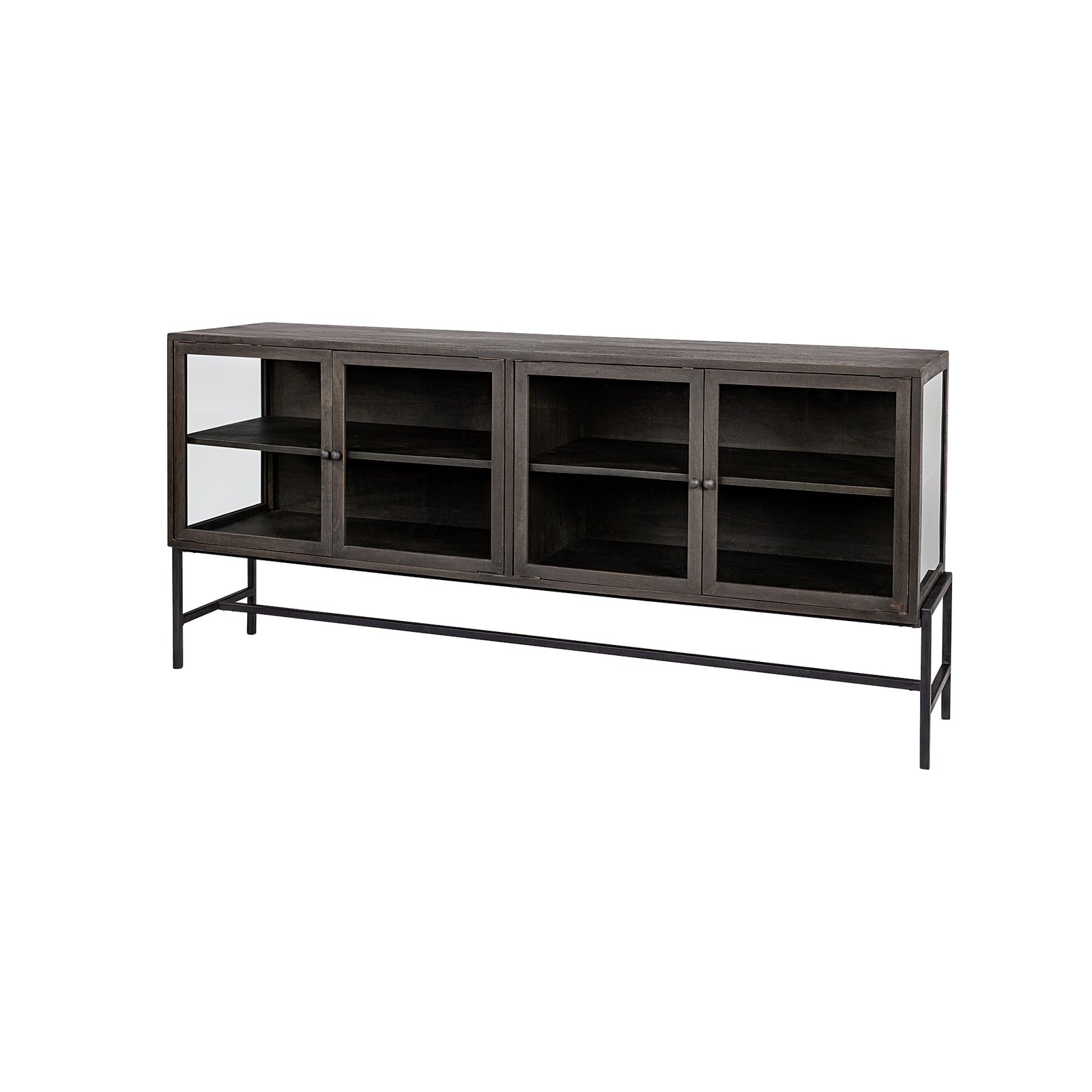 Arelius 70x18 Black-Brown Wood Black Metal Base w/ 4 Glass Cabinet Doors Sideboard