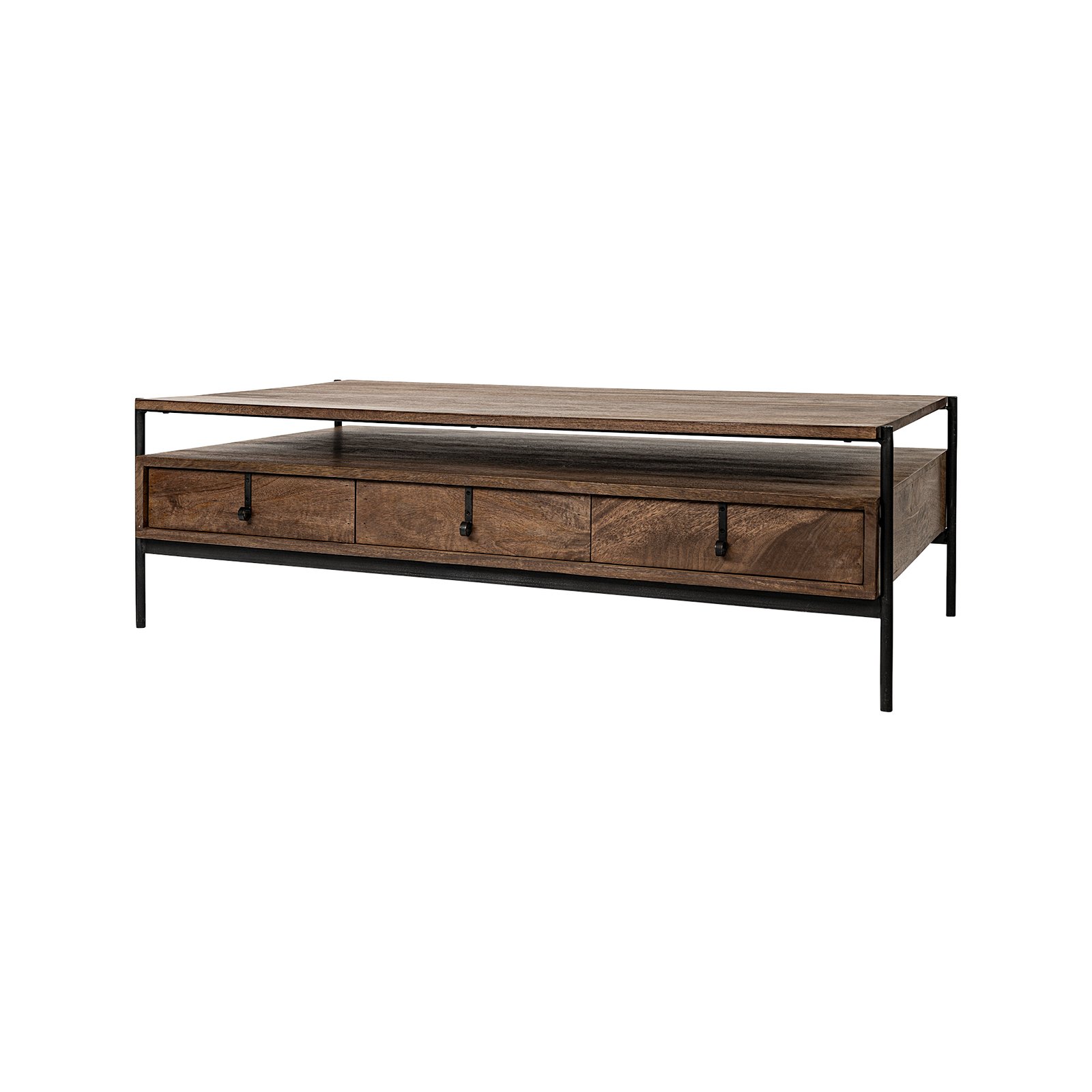 Glenn 54x30 Dark Brown Wood w/ Black Iron Frame Rectangle 3 Drawers Coffee Table