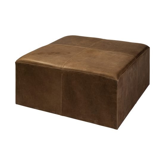 Minara 36" Square Brown Leather Wrapped w/Wood Base Ottoman