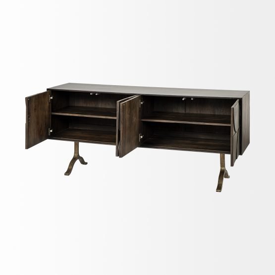 Xanti 70x18 Brown Solid Wood Frame Gold Metal Legs 4 Door Cabinet Sideboard - Image 5