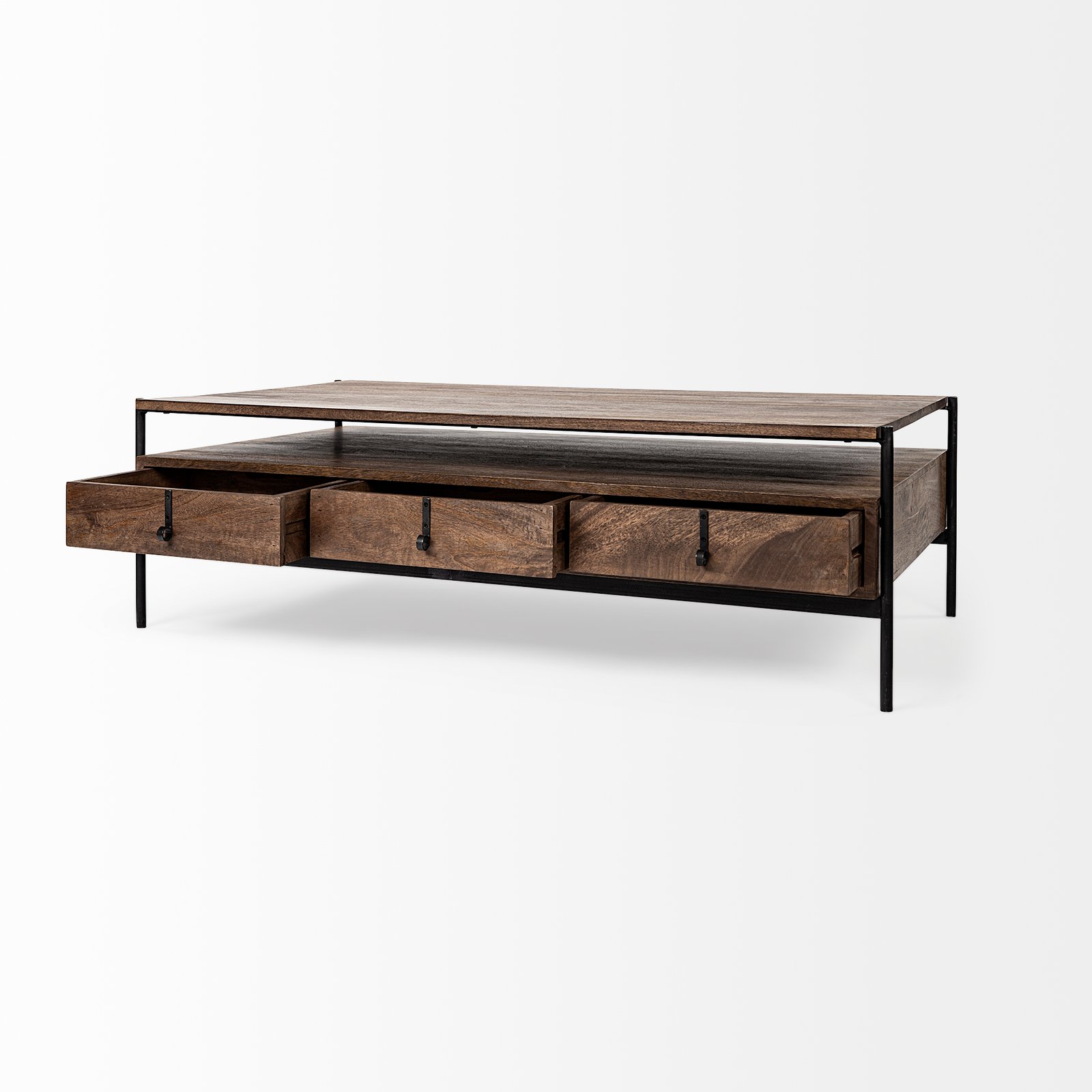 Glenn 54x30 Dark Brown Wood w/ Black Iron Frame Rectangle 3 Drawers Coffee Table - Image 5