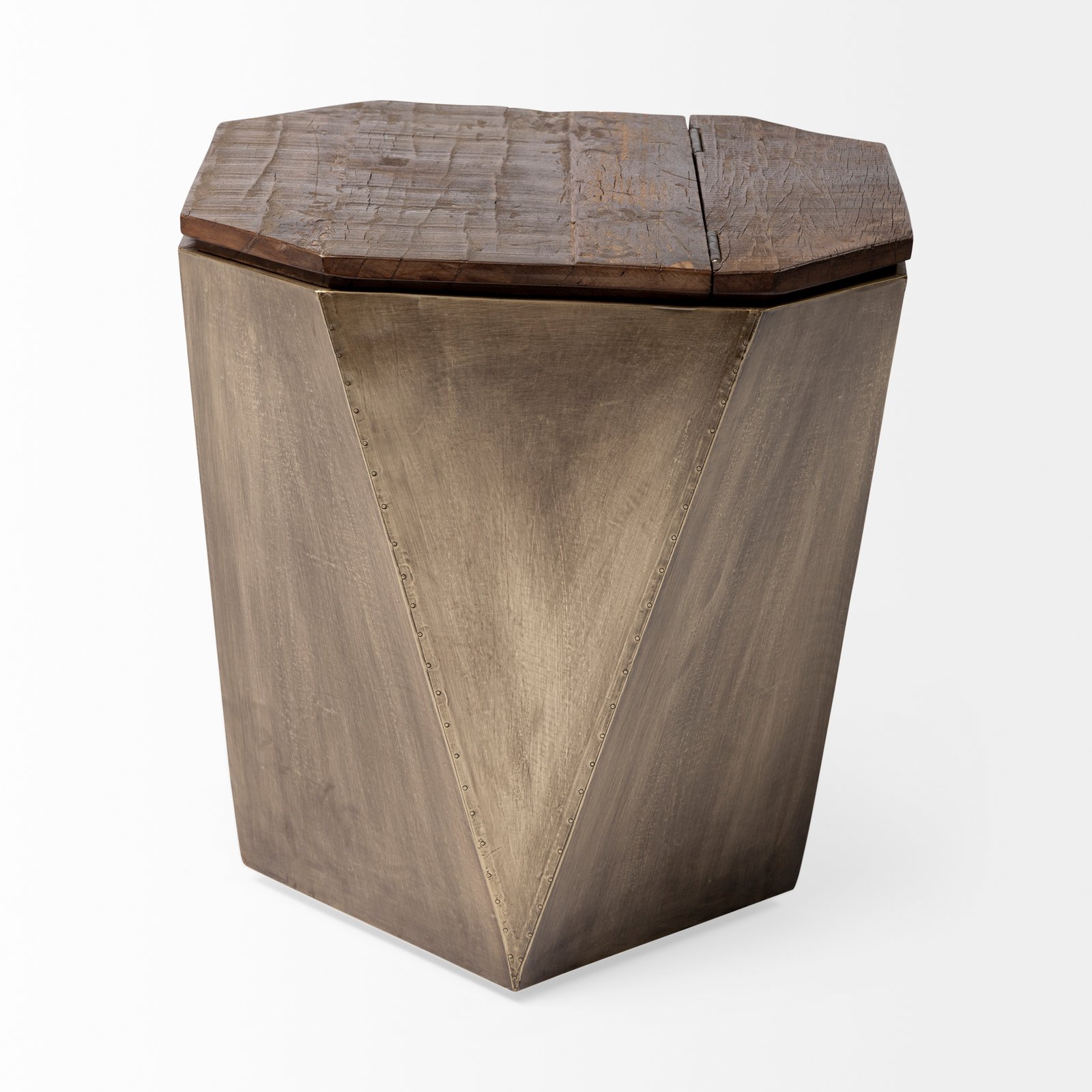 Esagono Octagonal Gold Metal-Clad Reclaimed Wood End/Side Table w/ Storage - Image 2