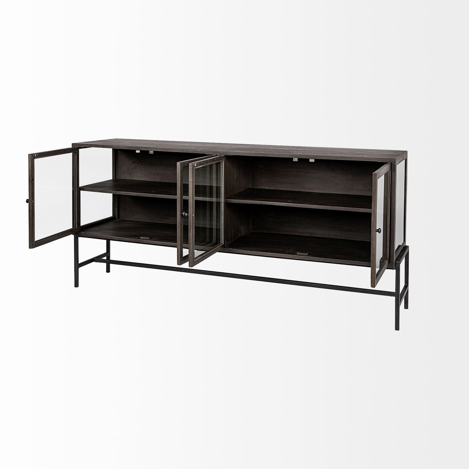 Arelius 70x18 Black-Brown Wood Black Metal Base w/ 4 Glass Cabinet Doors Sideboard - Image 5