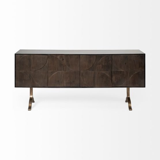 Xanti 70x18 Brown Solid Wood Frame Gold Metal Legs 4 Door Cabinet Sideboard - Image 2