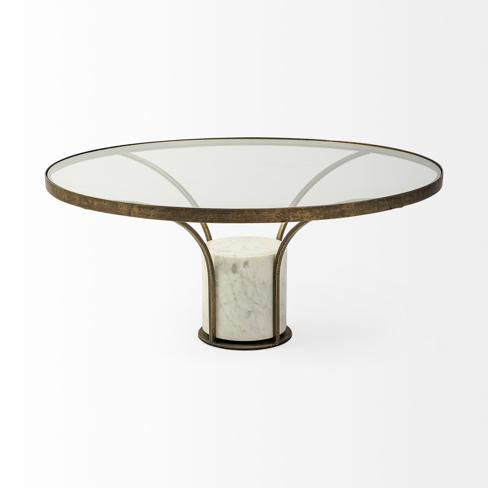 Jacinta 36" Round Glass Top Metal and Marble Pedestal Coffee Table - Image 2
