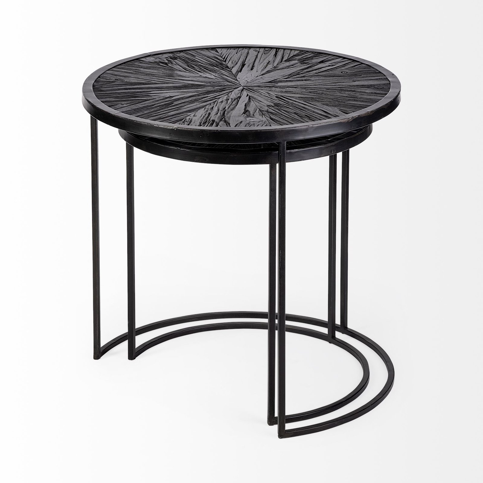 Chakra 19.7" Set of Two Round Dark Wood Top Black Frame Accent Tables - Image 5