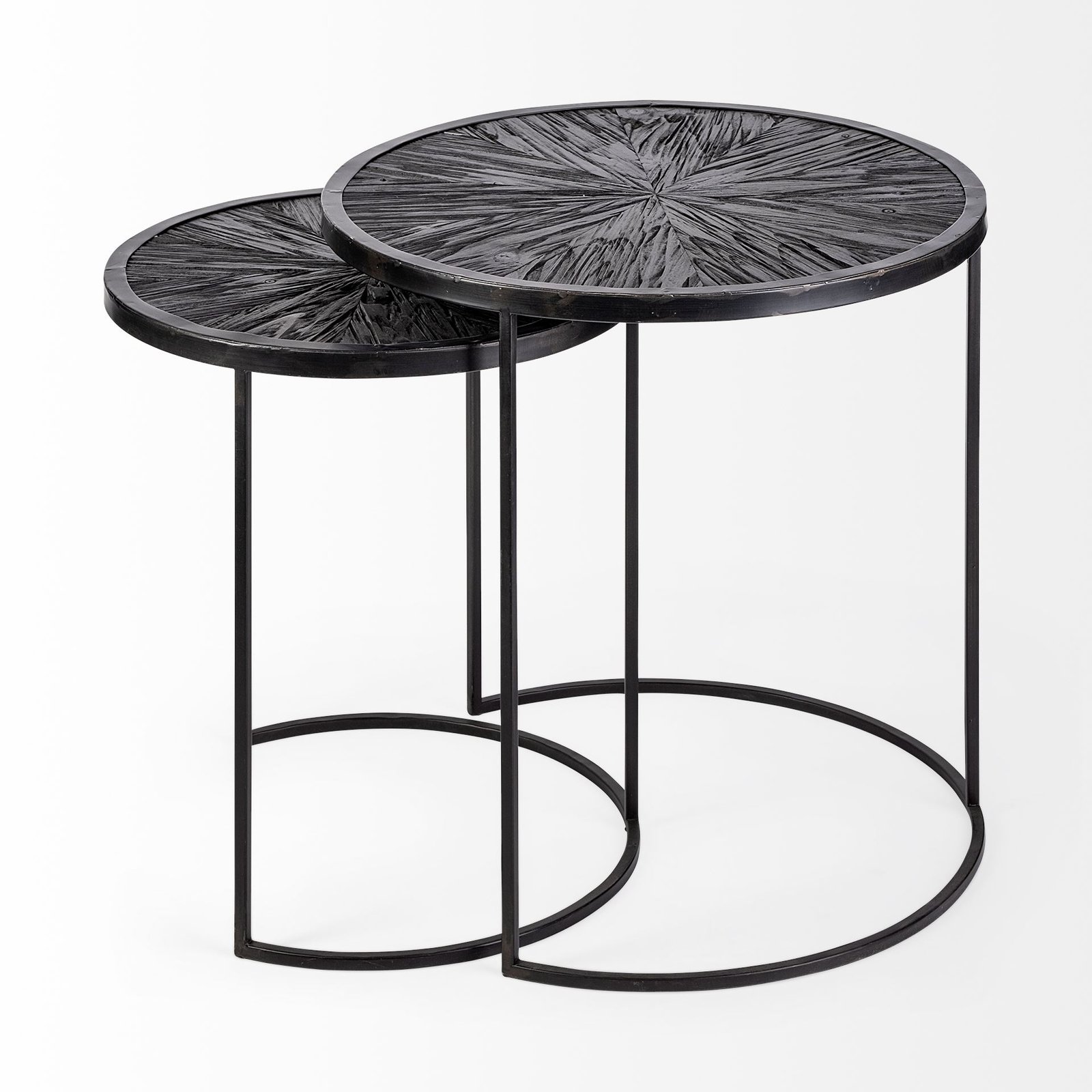 Chakra 19.7" Set of Two Round Dark Wood Top Black Frame Accent Tables - Image 3