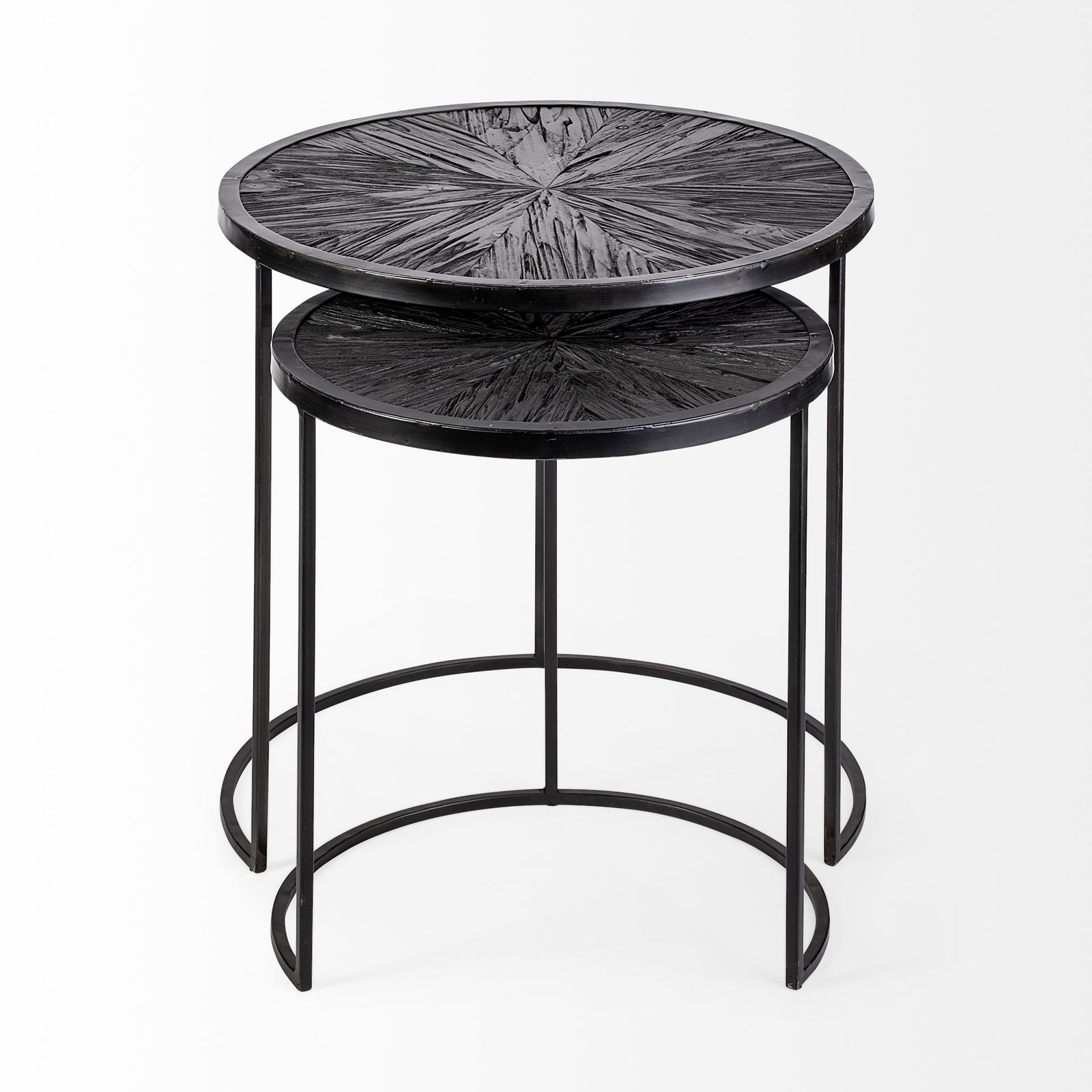 Chakra 19.7" Set of Two Round Dark Wood Top Black Frame Accent Tables - Image 2