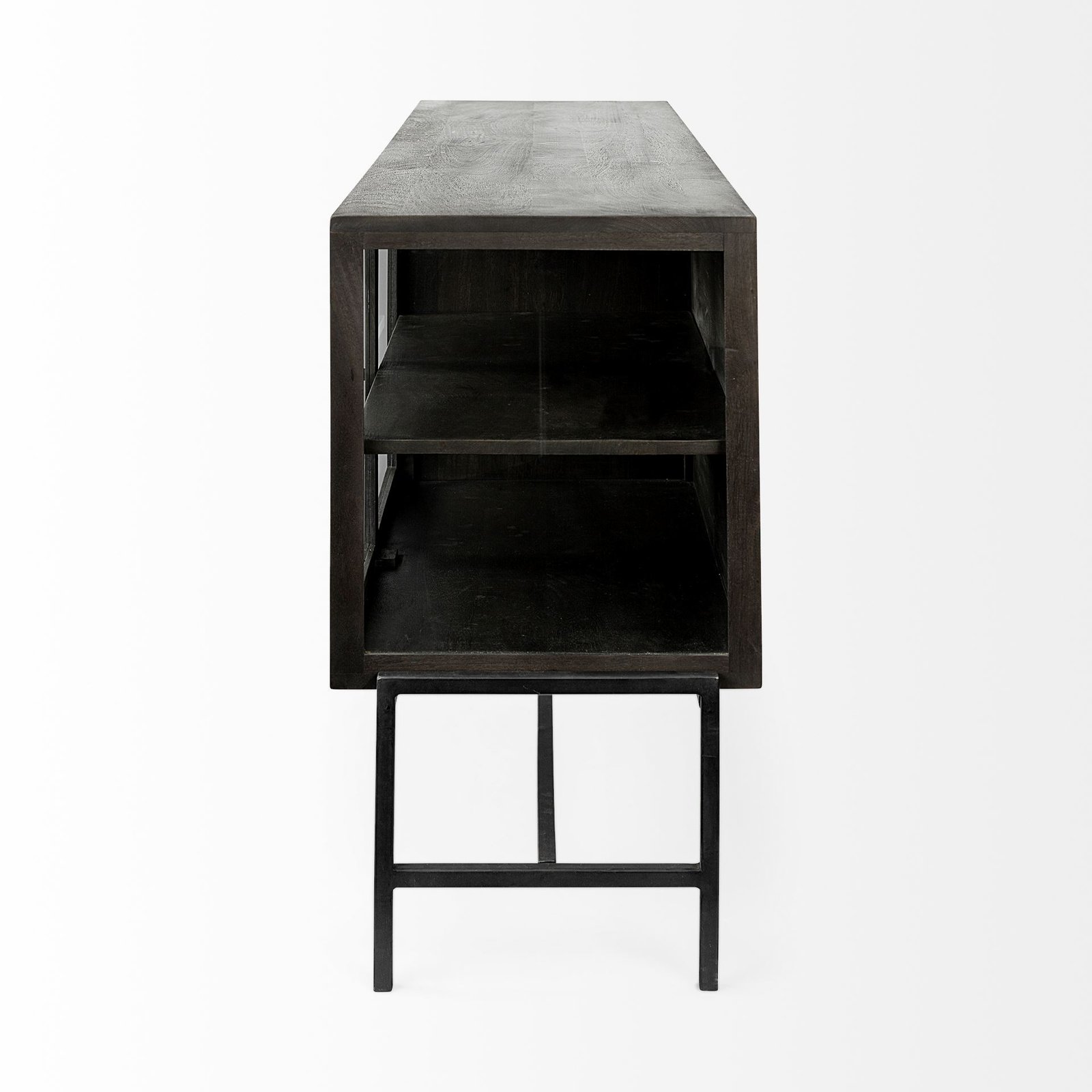 Arelius 70x18 Black-Brown Wood Black Metal Base w/ 4 Glass Cabinet Doors Sideboard - Image 3