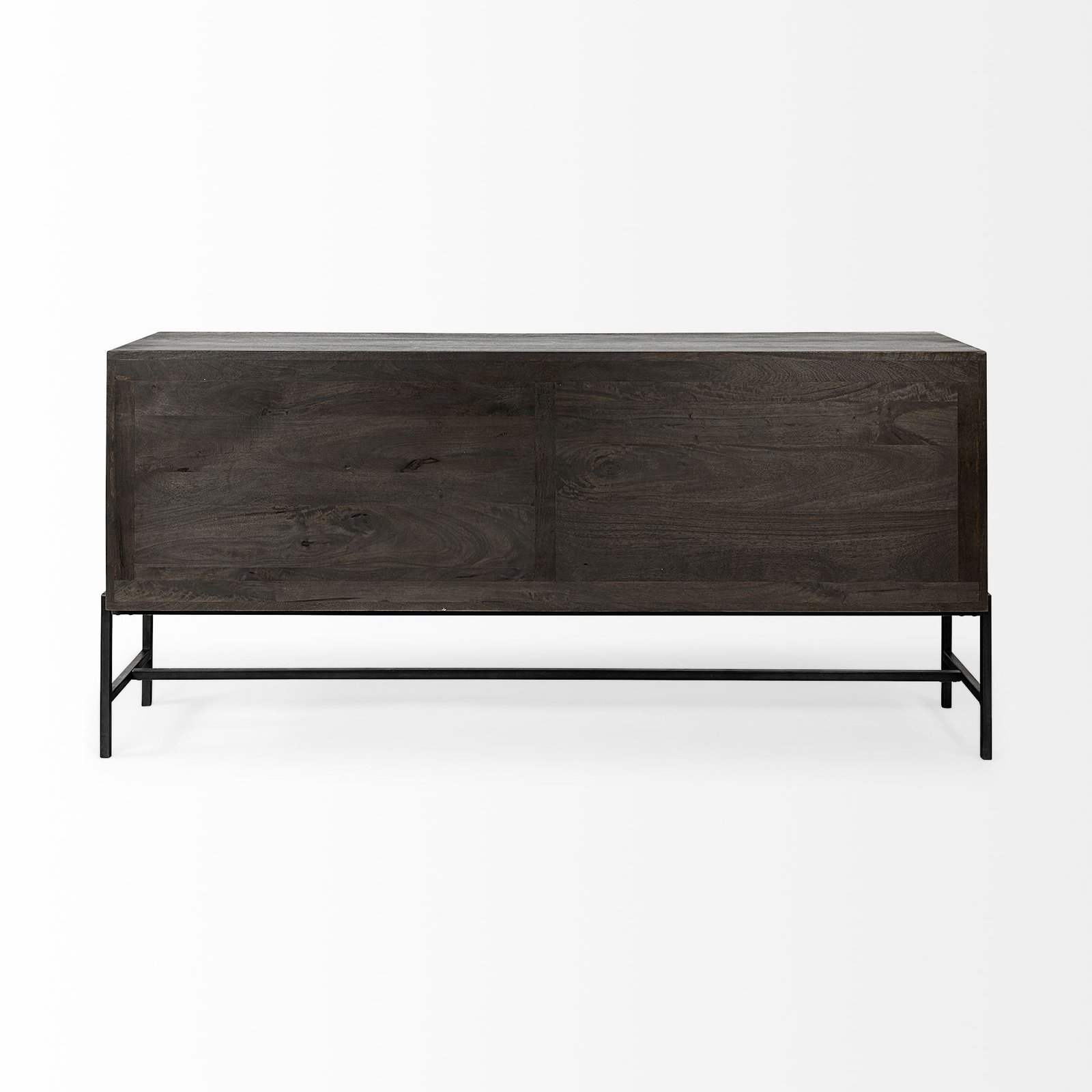 Arelius 70x18 Black-Brown Wood Black Metal Base w/ 4 Glass Cabinet Doors Sideboard - Image 4