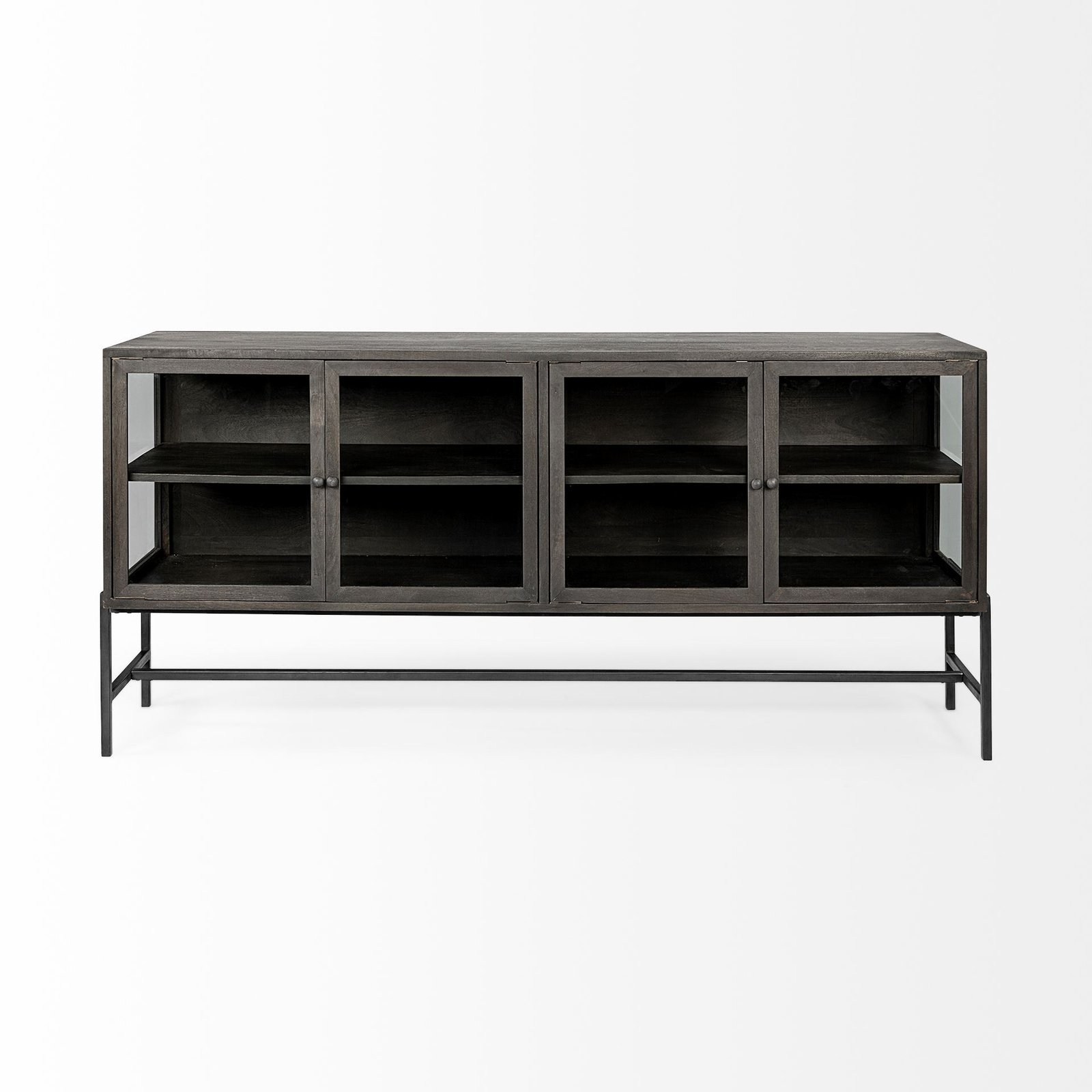 Arelius 70x18 Black-Brown Wood Black Metal Base w/ 4 Glass Cabinet Doors Sideboard - Image 2