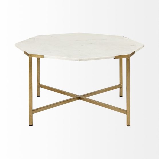 Vincent 33" Octagonal White Marble Tabletop w/ Gold Metal Base Coffee Table - Image 2
