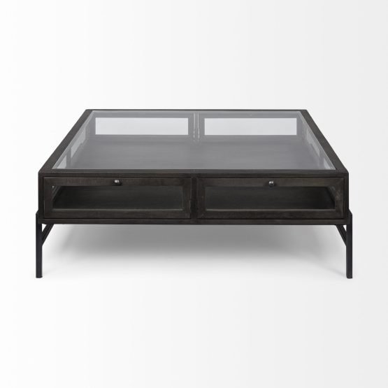Arelius 42" Square Glass-Top Black-Brown Wood w/ Black Metal Base Display Coffee Table - Image 2
