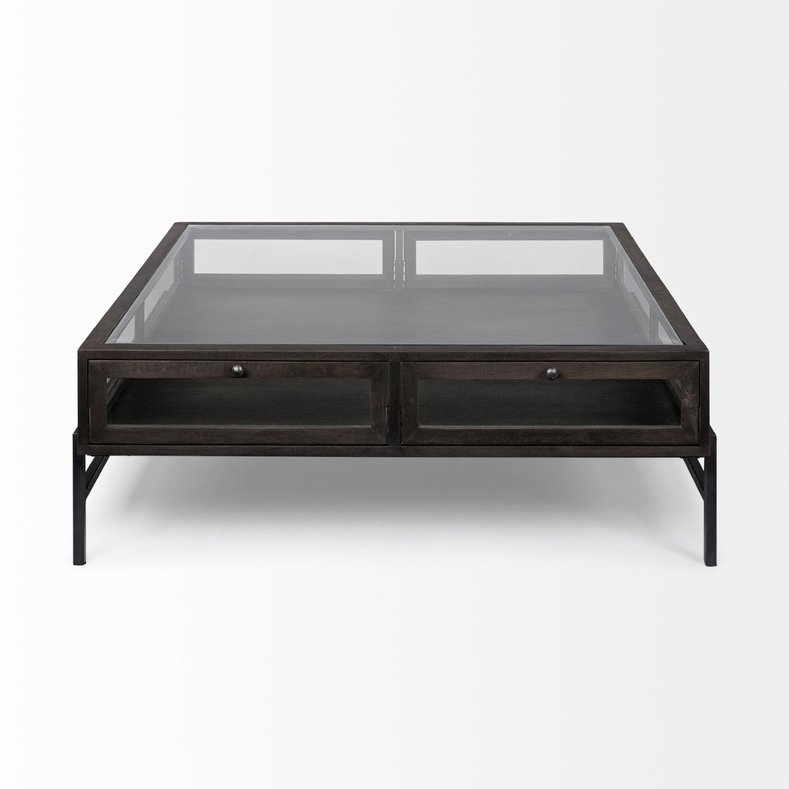 Arelius 42" Square Glass-Top Black-Brown Wood w/ Black Metal Base Display Coffee Table - Image 2