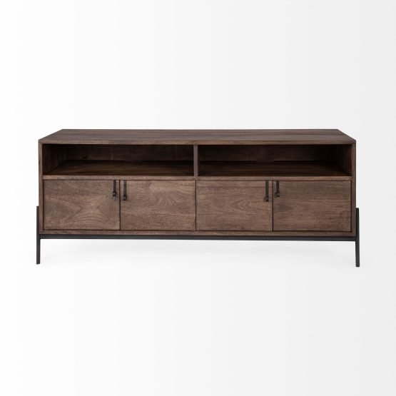 Glenn IV Dark Brown Wood w/ Black Iron Frame Media Console w/ Storage TV Stand for TV up to 71" - Image 2