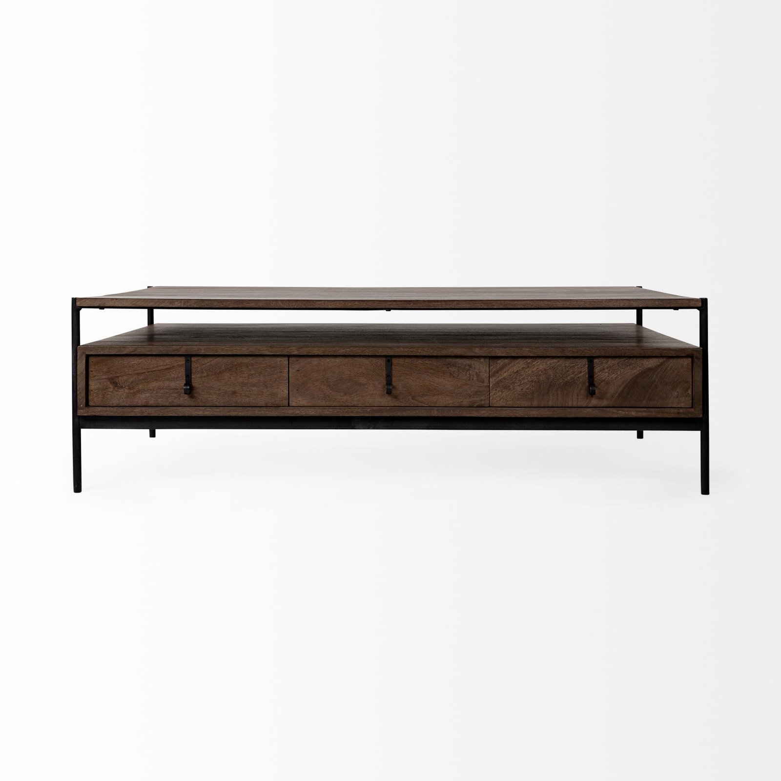 Glenn 54x30 Dark Brown Wood w/ Black Iron Frame Rectangle 3 Drawers Coffee Table - Image 2
