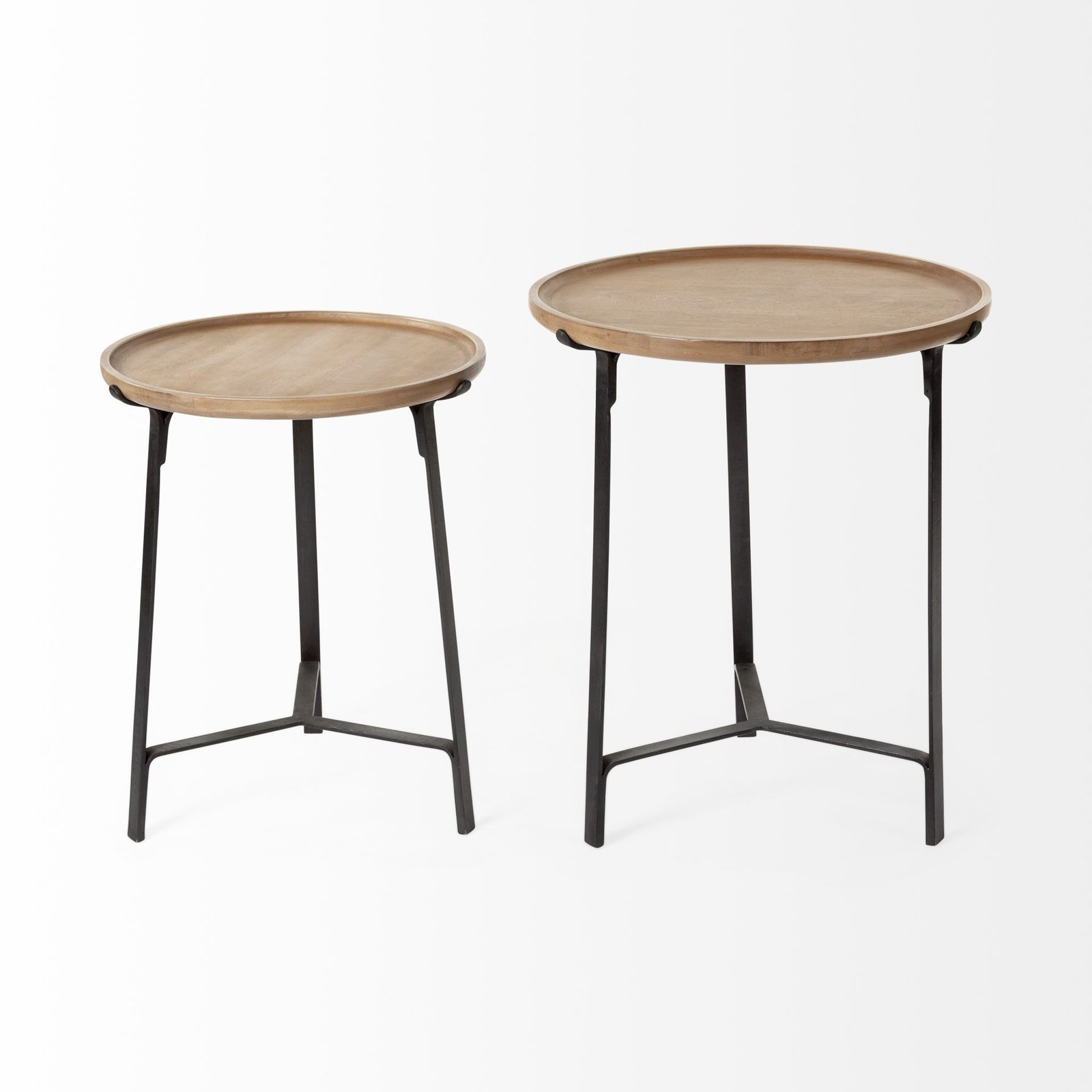 Helios III 20L x 24H Set of Two Round Brown Solid Wood Iron Base Nesting End/Side Tables - Image 4