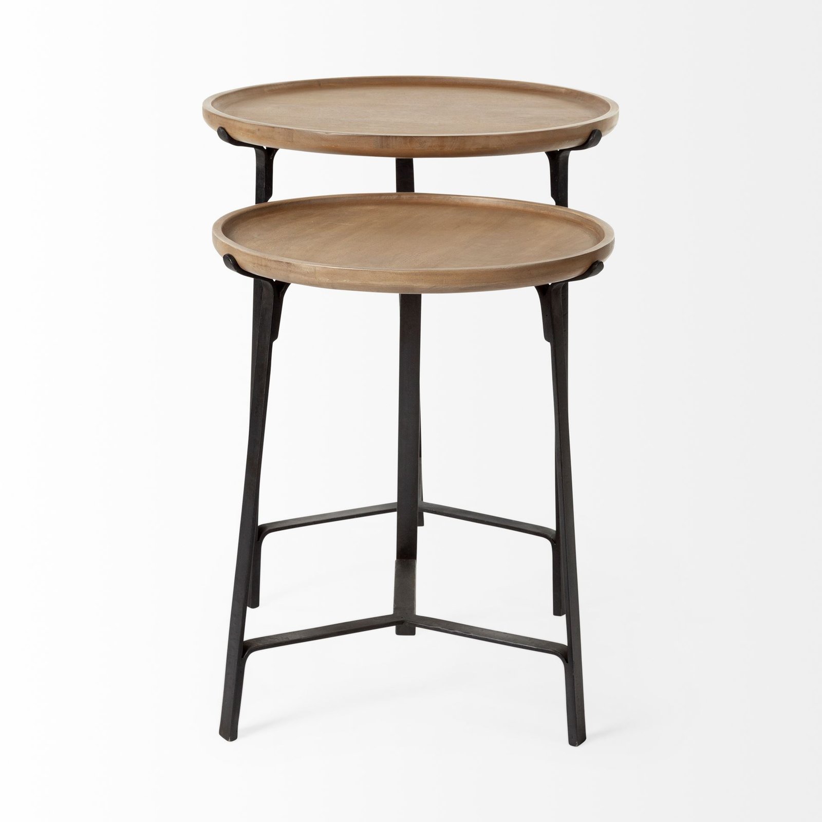 Helios III 20L x 24H Set of Two Round Brown Solid Wood Iron Base Nesting End/Side Tables - Image 3