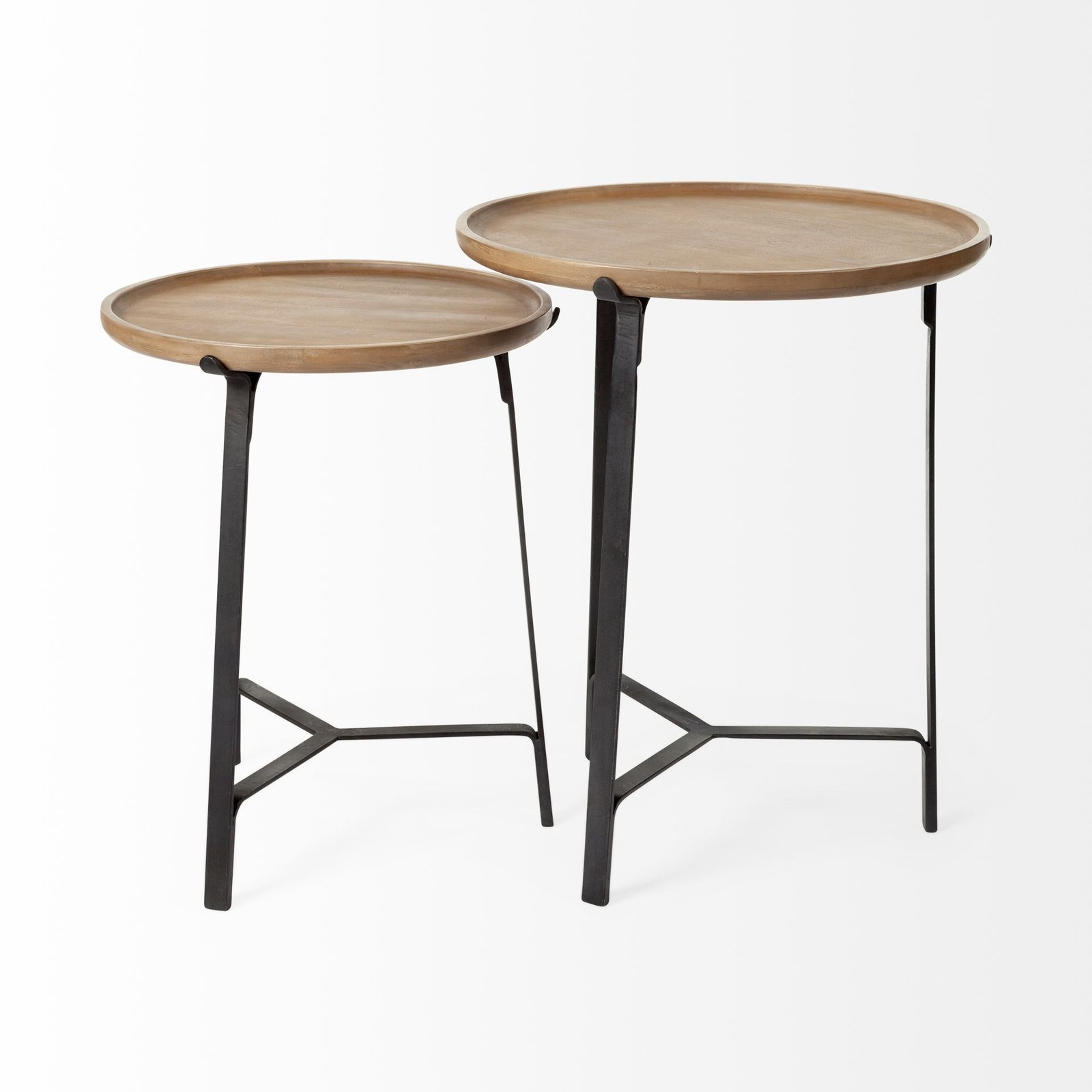 Helios III 20L x 24H Set of Two Round Brown Solid Wood Iron Base Nesting End/Side Tables - Image 2