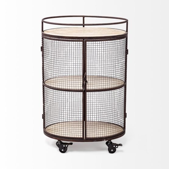 Saluti II Black Metal Frame cage w/three wood shelves oval Bar Cart - Image 2